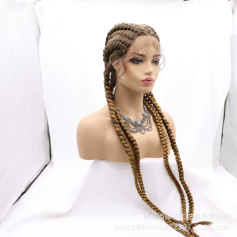 Wig Fiber Net - 快適なローズカラーの伸縮性のあるインナーネット、手編みレース、合成繊維を使用したウィッグ、大きな三つ編み4つ付き