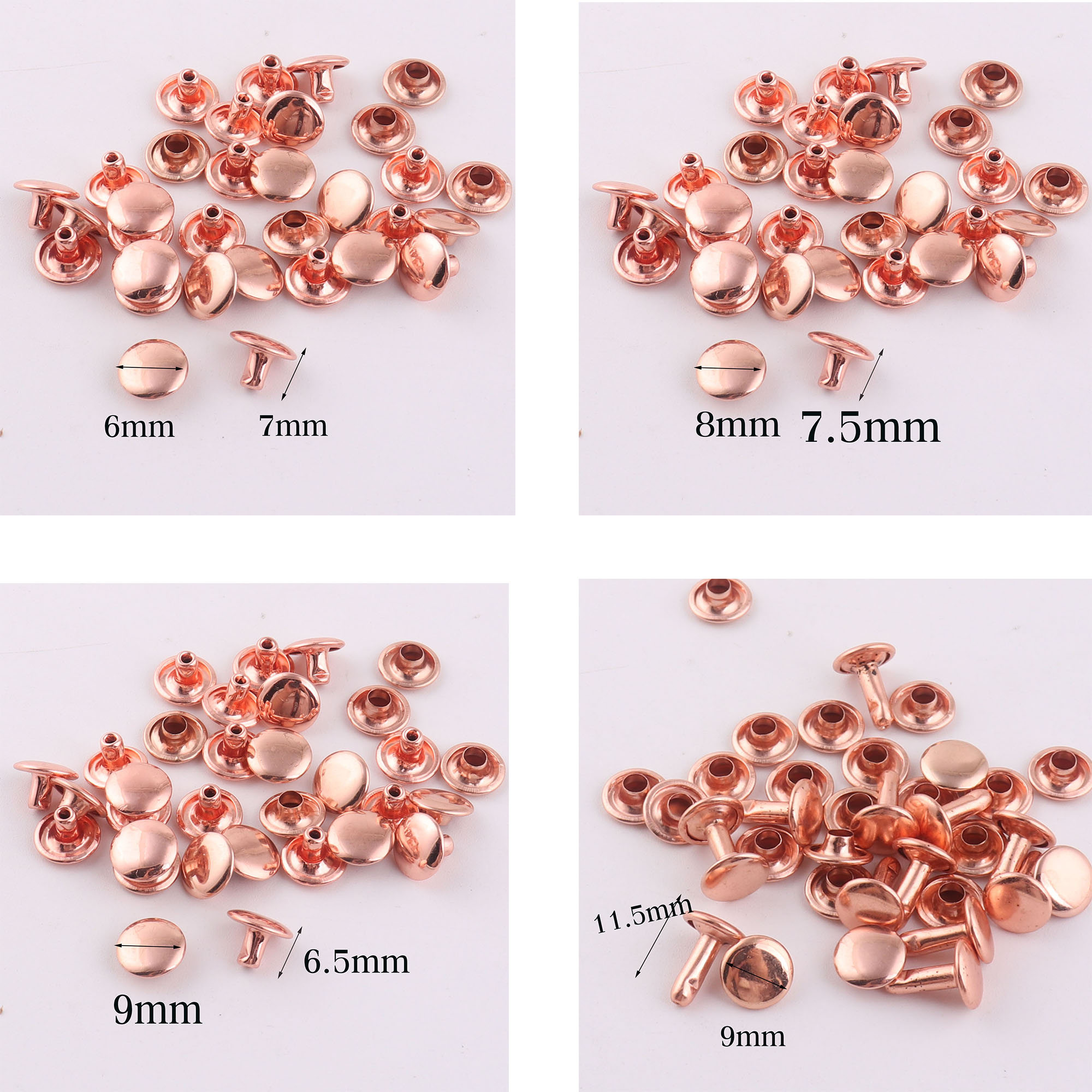 Snap Fastener Set - 100 セットダブルキャップリベット、ローズゴールドラウンドリベットスタッドレザークラフト、スナッププロングスタッドリベットファスナーリベット-6.5MM/7MM/7.5MM