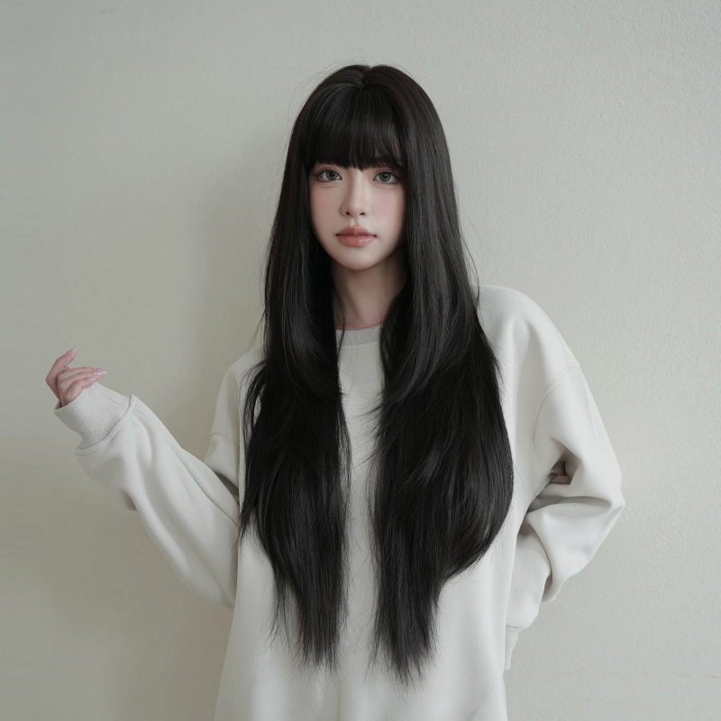 Wig Fiber Net - 女性用ウィッグ、ナチュラルブラック、合成繊維、超ロングストレートヘア、前髪付き、ローズネットキャップ