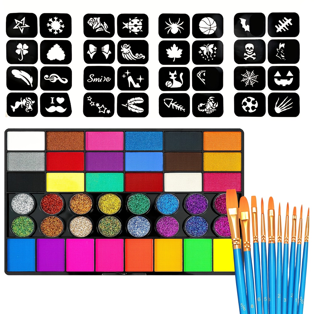 Cosplay Prop Paint - 42色フェイス＆ボディペイントパレットキット、24種類のステンシル、グリッターメタリックメイクアップセット、10本のブラシ付き、ハロウィンパーティーコスプレアート