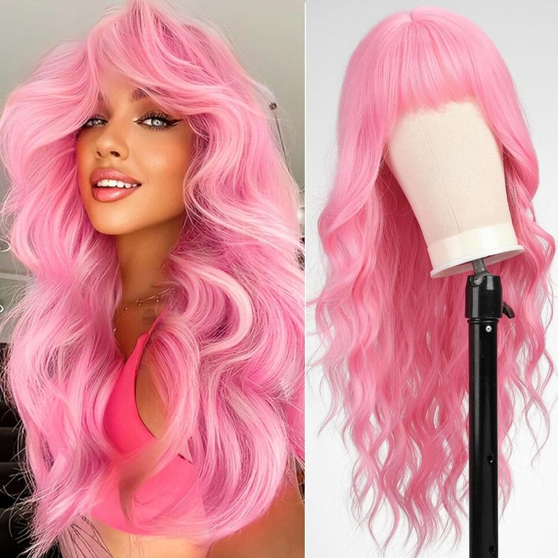 Wig Fiber Net - 女性用前髪付きロングストレートヘアウィッグ、バーガンディ色、自然な見た目、シミュレートローズネット、合成繊維、フルヘッドカバー