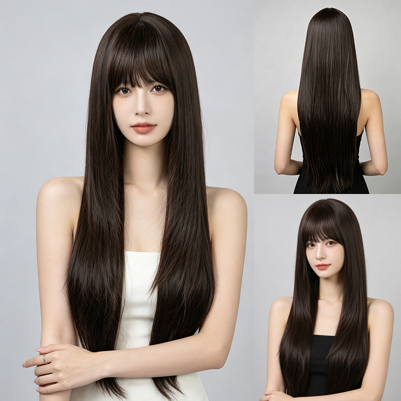 Wig Fiber Net - 前髪付きのロングストレート、フルヘッドピース、ナチュラルブラックの合成繊維、ローズネットウィッグ