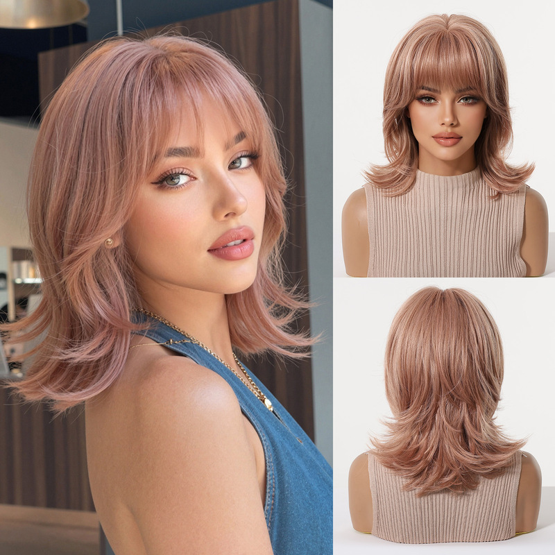 前髪付き女性用ウィッグ、ウルフテールカール、ピンクのショート - Wig Fiber Net のレビューと価格
