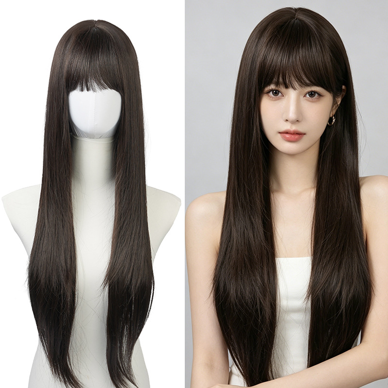 前髪付きのロングストレート、フルヘッドピース、ナチュラルブラ - Wig Fiber Net のレビューと価格